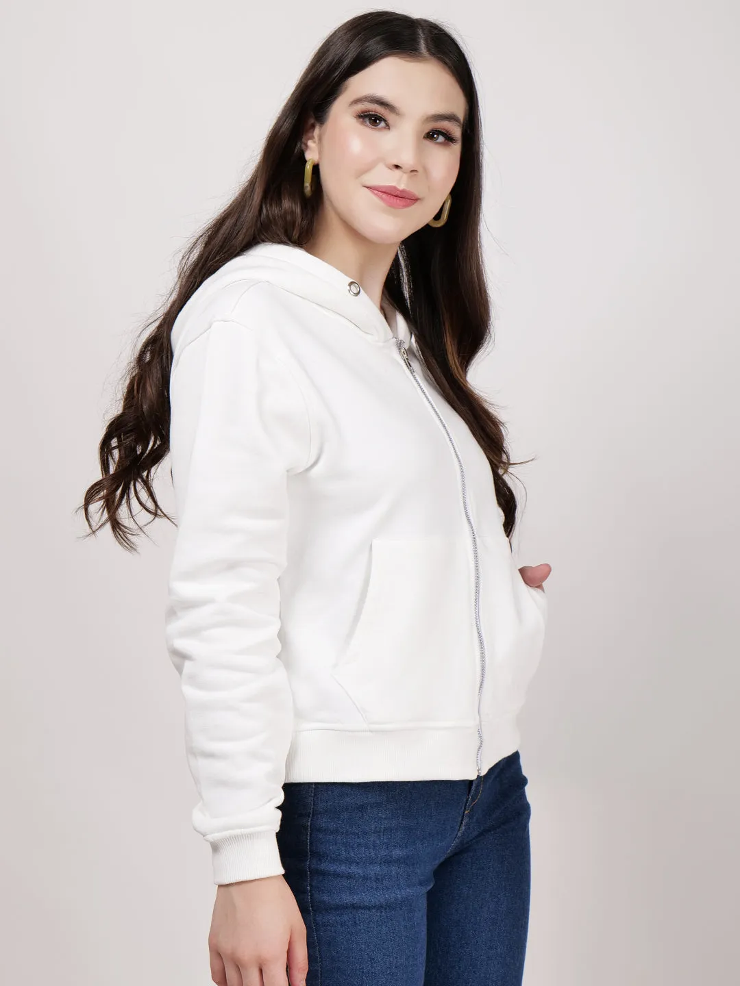 Women's Hooded Long Sleeves Cotton White Jacket