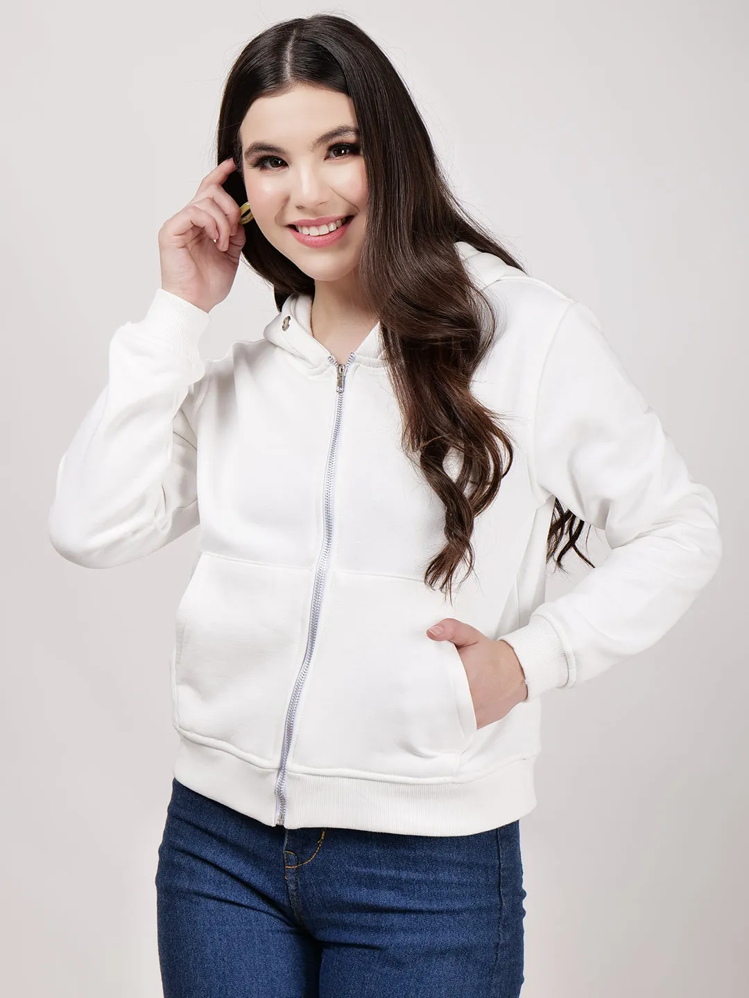 Women's Hooded Long Sleeves Cotton White Jacket