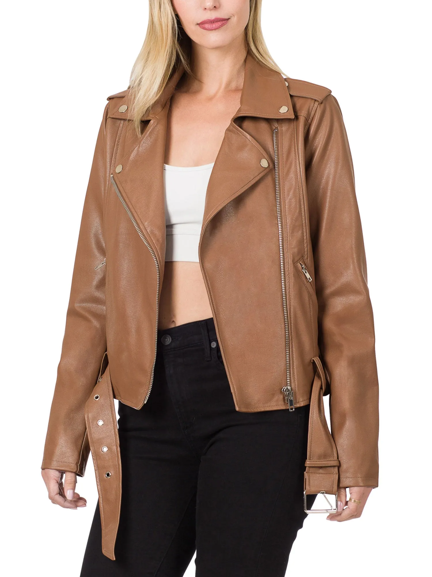 Womens MOTO PU Vegan Leather Jacket with Belt