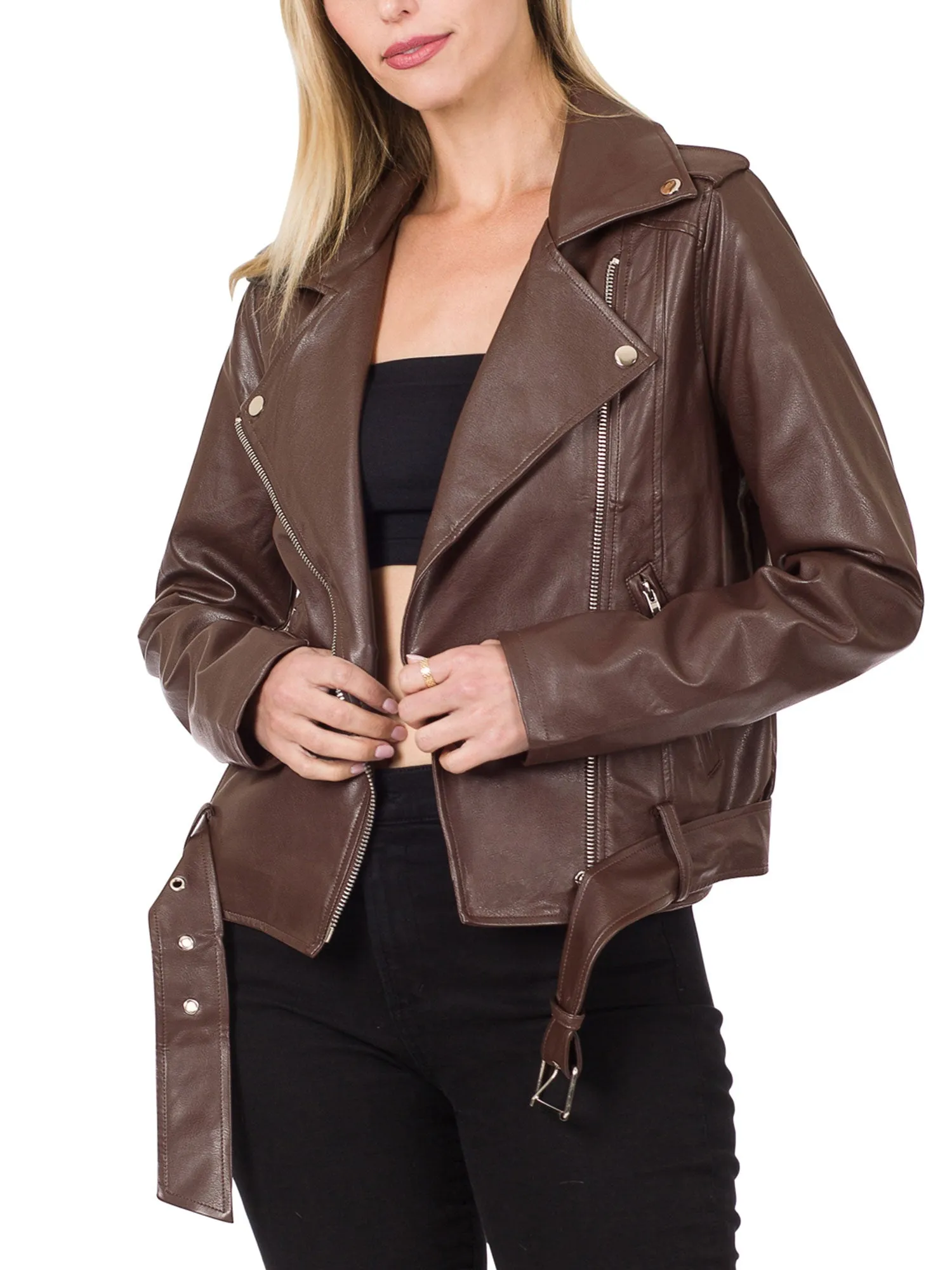 Womens MOTO PU Vegan Leather Jacket with Belt