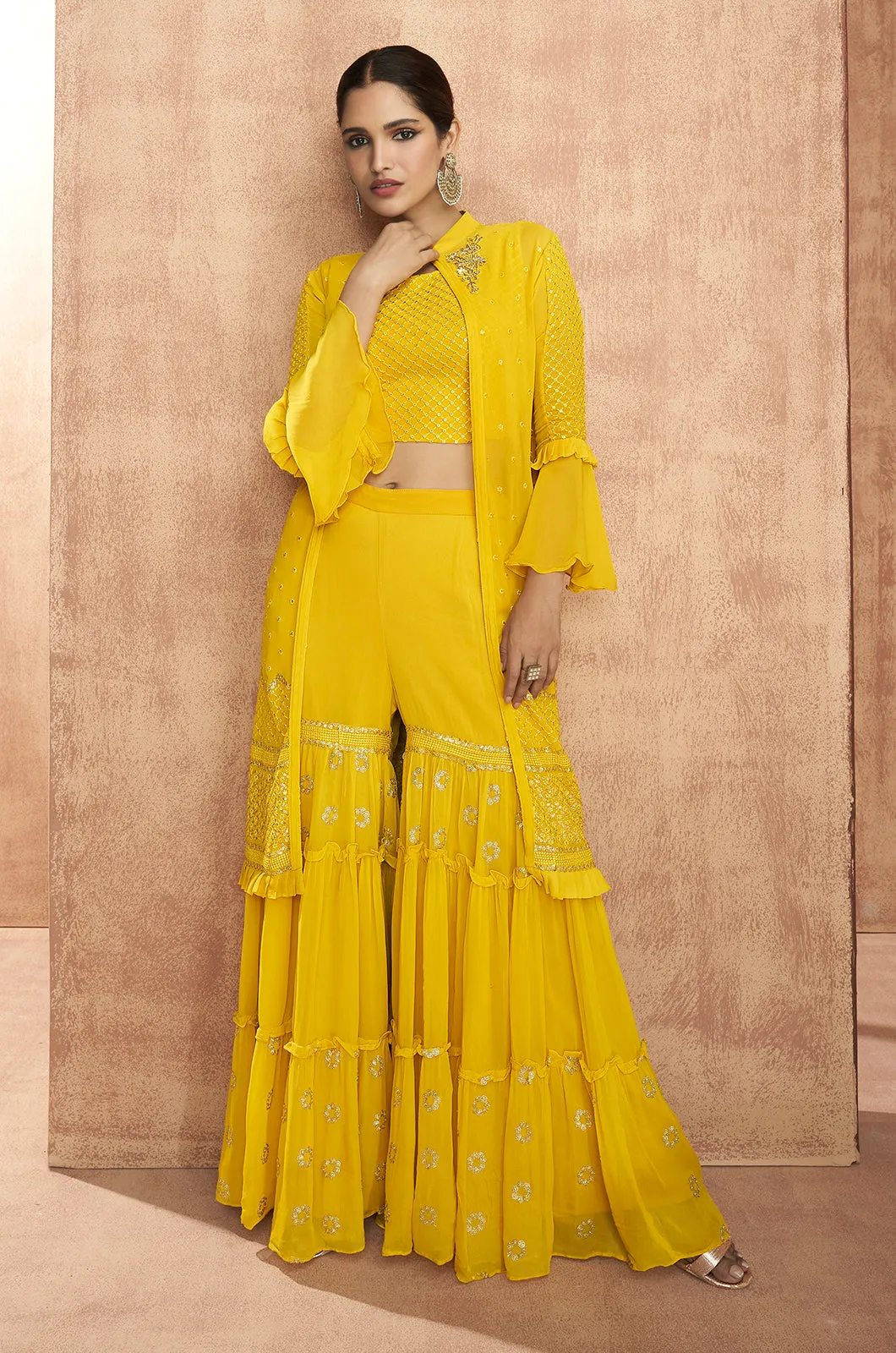 Yellow Crop Top 3 Piece Georgette Indo-Western Palazzo Suit