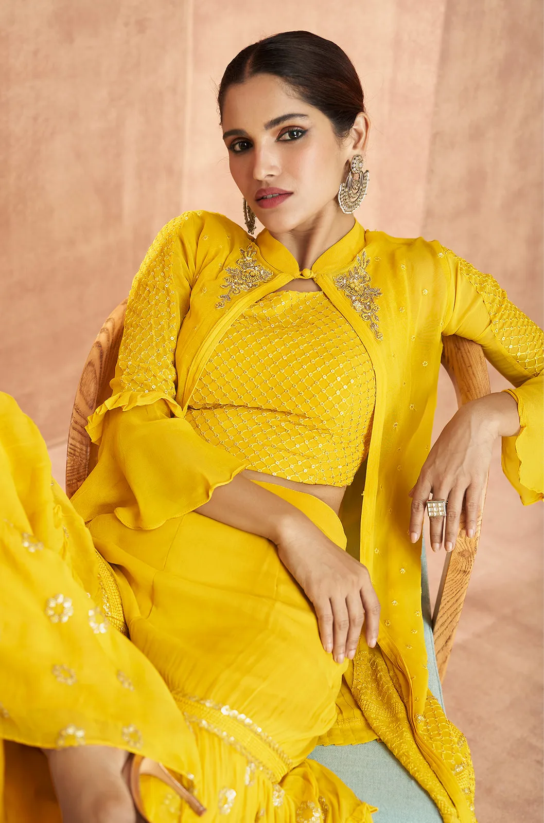 Yellow Crop Top 3 Piece Georgette Indo-Western Palazzo Suit